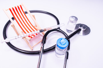 Stethoscope on map Medical concept turism travel care diseasea Healthy white background. selective focus stethoscope sunbed