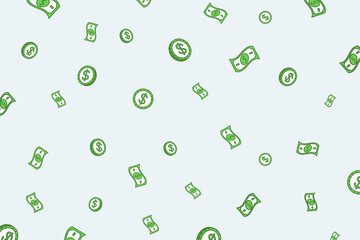 Green coins and cash money vector flat illustration isolated on green background. Financial success, investments, banking, wellbeing increasing, salary or incomes backdrop concept.