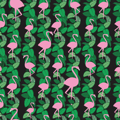 Pink flamingo seamless pattern, flat vector stock illustration as texture or ornament with exotic bird and leaves for printing on fabric, textile