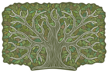 Oak in a decorative style. Colorful leaves, foliage of different trees. A large family tree. Contour. For the design of magazines, booklets, books, etc. Isolated on a white background.