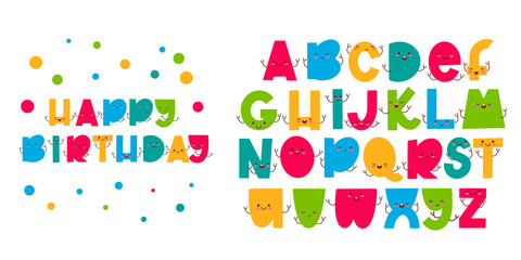 Children font in the cartoon style. Funny letters with cute faces. Colorful typography. Vector alphabet.