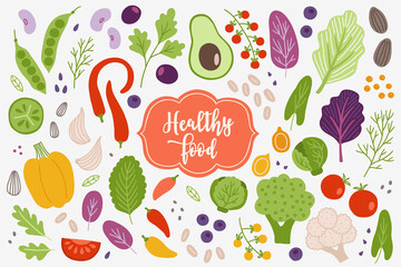 Vegetables set with pea, avocado, pepper, salad, tomato, broccoli, cauliflower