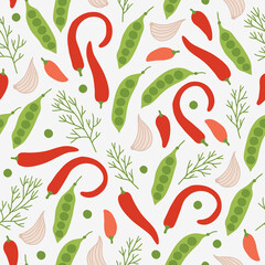 Vegetables seamless pattern with green pea, garlic, pepper, dill