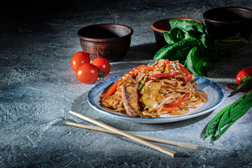 Udon stir-fry noodles with chicken and vegetables on dark background. Appetizing asian cuisine