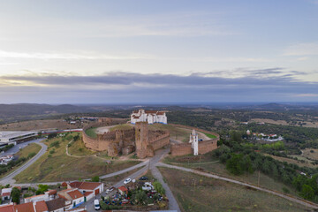Arraiolos village drone aerial view at sunset in Alentejo, Portugal