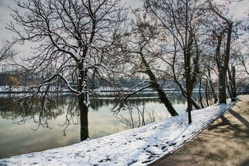 Snow time winter landscape at Herastrau park, Bucharest. Snow is falling, cold day. Beautiful day