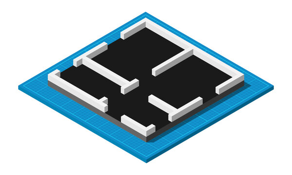 Isometric Blueprint House Floor Plan Simple Flat Vector Illustration.