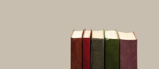 books on gray background. literature in the library. almanac on light texture. old tomes. knowledge...