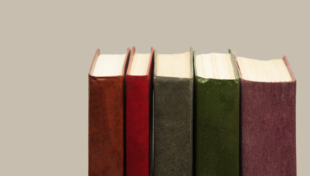 books on gray background. literature in the library. almanac on light texture. old tomes. knowledge concept