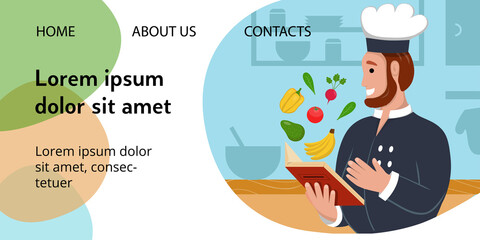 Template for banner with happy chef with a cookbook. Vector horisontal illustration. Perfect for a website of cooking courses, a restaurant, a catering service
