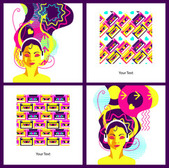 A bold, bright poster with psychedelic touches in a retro style. Banner design depicting a young confident girl with bright hair abstract hair. Psych Out trend