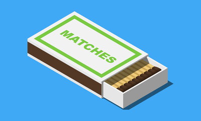 Isometric open matchbox vector icon isolated on blue background.