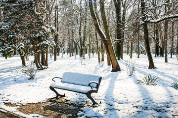 Snow time winter landscape at Herastrau park, Bucharest. Snow is falling, cold day. Beautiful day