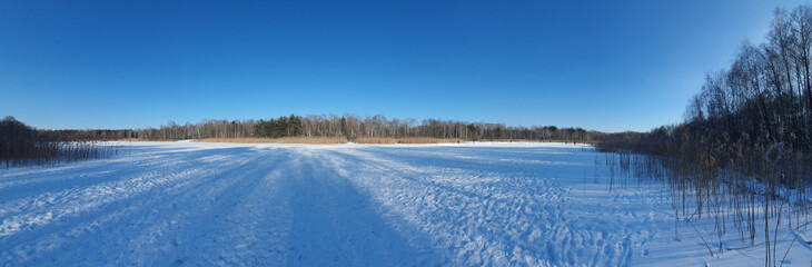Fototapeta na wymiar panoramic photo of a frozen forest lake // panoramiczne zdjęcie zamarzniętego leśnego jeziora