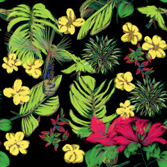 Miami 80s floral seamless pattern, vector, textile composition, hand drawn style