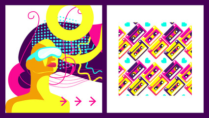 A bold, bright poster with psychedelic touches in a retro style. Banner design depicting a young confident girl with bright hair abstract hair. Psych Out trend