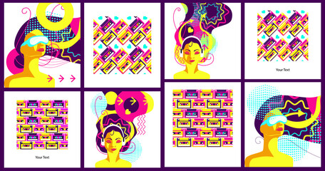 A bold, bright poster with psychedelic touches in a retro style. Banner design depicting a young confident girl with bright hair abstract hair. Psych Out trend