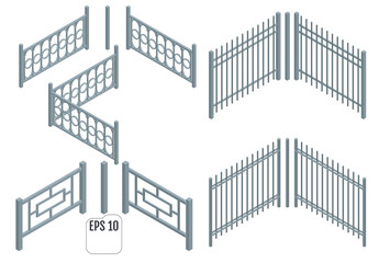 Isometric Metal fence sections. Vector