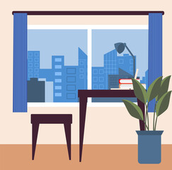 Naklejka premium Vector interior of a room with a window and a view of the city, a view of the city from the window