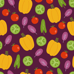 Vegetables seamless pattern with cucumber slices, tomato, pepper, sorrel, salad