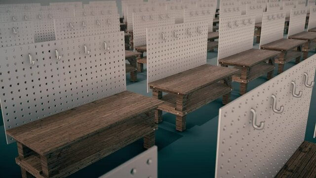 Multiple Industrial Work Benchs in a row 4k. High quality 4k footage