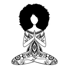 Yoga girl. African american woman doing yoga. Ornament Meditation pose.