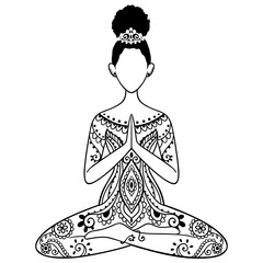 Yoga girl. African american woman doing yoga. Ornament Meditation pose.