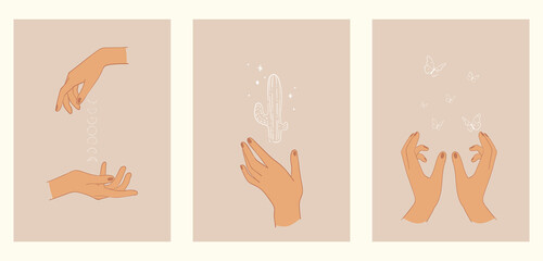 A set of three minimalist pastel posters. Backgrounds for your social media, web design, interiors. Vintage illustrations with different hands, cactus, phases of the moon, butterflies from thin lines.