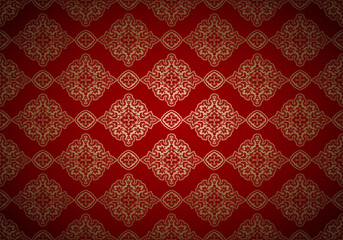 Oriental vintage background with Indo-Persian ornaments. Royal, luxurious, horizontal textured wallpaper in red and gold, with darkening at the edges, vignette. Vector illustration