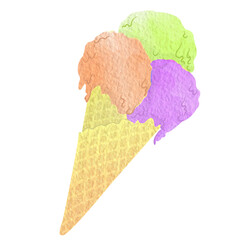 Waffle cone with creamy ice cream with berry jam. watercolor illustration