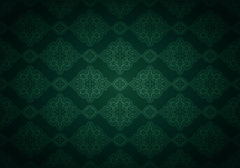 Obraz na płótnie Canvas Oriental vintage background with Indo-Persian ornaments. Royal, luxurious, horizontal textured wallpaper of dark green color, with darkening at the edges, vignette. Vector illustration