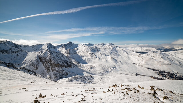 snowy Pyrenees mountains in winter, on the border between Andorra and France.