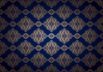 Oriental vintage background with Indo-Persian ornaments. Royal, luxurious, horizontal textured wallpaper in blue ultramarine and gold, with darkening at the edges, vignette. Vector illustration