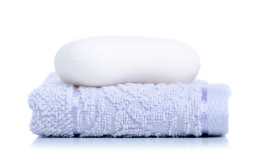 White soap with towels for hand on white background isolation