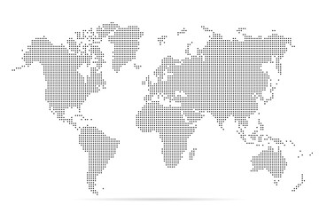World map. Simple flat dot. Worldmap dotted global. Globe point. World maps circle. Worldwide continents isolated on white background. Silhouette pixel center. Pixels design. Halftone dots. Vector 