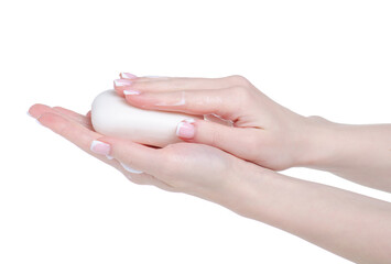 Soapy hands with white soap on white background isolation