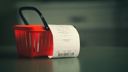 Shopping receipt in red shopping basket .Grocery expenses market consumerism concept