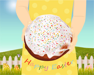 Happy Easter Banner with Girl, Easter cake on nature background
