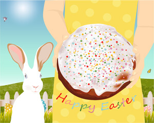 Happy Easter Banner with Girl, Bunny, Easter cake on nature background