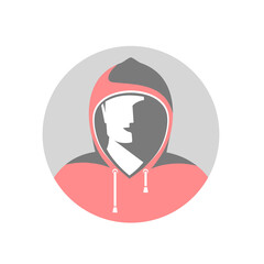 Hidden person, incognito, invisible, anonymous in the form of a man with a hood pulled over his face. Isolated vector illustration in a circle, icon, emblem, avatar
