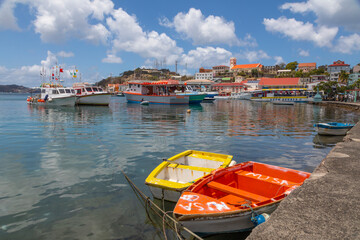 Caribbean, Grenada, St. George's. Boats in The Carenage harbor. - obrazy, fototapety, plakaty
