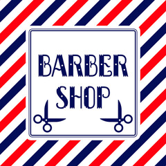 Barber shop sign. Blue, red and white stripes with scissors icon. Vector illustration.
