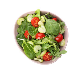Delicious fresh celery salad isolated on white, top view