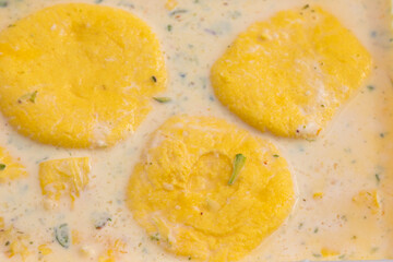 Indian Bengali Chhena Mithai Rasmalai Also Known As Rossomalai Rasamalei Ras Malai Roshmolai Made Of Fresh Curdled Milk Pista Meetha Doodh And Kesar. Soaked In Cream Milk