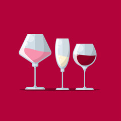 Vector flat glassware illustration for wine. Red wine, prosecco, rose wine