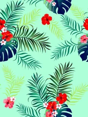 Fototapeten Tropical vector pattern with hibiscus, orchid, palm leaves.Exotic style. Seamless botanical print for textile, print, fabric on dark background. © Logunova  Elena