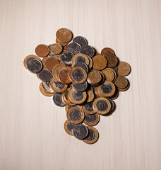 Real currency, money from Brazil. Real coins forming the map of Brazil. Brazilian economy, investments, income. Brazilian currency concept. Money concept.

