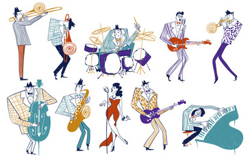 Colorful funny jazz musician characters. - 414197595