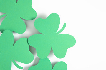 St. Patricks day, lucky charms on white background. Flat lay, top view, copy space