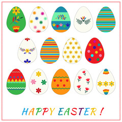Set of Easter eggs on white background. Happy Easter card. Spring holiday. Flat design.